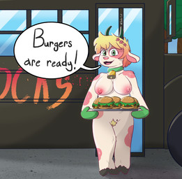 accessory accessory_only anthro areola bell blonde_hair breasts burger burger_bun bus clothing collar commercial_vehicle concrete cowbell dialogue eyelashes female flower flower_in_hair food fur green_eyes hair hair_accessory handwear hooves horn humor logo markings mole_(marking) mole_on_breast nipples oven_mitts oven_tray paint pavement pink_areola pink_spots plant pubes pun solo spots spotted_body spotted_fur spray_paint standing text tree vehicle visual_pun white_body white_fur window soder_cat coral_(the_rock_cocks) bovid bovine cattle mammal absurd_res digital_media_(artwork) hi_res