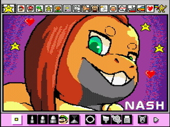 anthro green_eyes grin grinning_at_viewer hair heart_symbol male purple_background red_hair simple_background smile smiling_at_viewer solo star text rodricoro mario_paint nintendo pokemon nash_(mrmellow) generation_5_pokemon pokemon_(species) scrafty digital_media_(artwork) dithering headshot_portrait mario_paint_(artwork) portrait