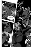 anthro big_breasts big_butt breasts butt clothing dialogue duo female female/female questionable_consent text artofthediscipline nintendo pokemon avian bird corvid corvus_(genus) crow generation_5_pokemon oscine passerine pokemon_(species) purrloin comic hi_res japanese_text monochrome right_to_left