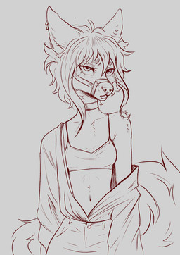 anthro bra clothing female fluffy fluffy_tail grey_background shirt_unbuttoned simple_background solo sports_bra tail tired_eyes underwear danawolfin canid canine mammal absurd_res hi_res sketch