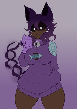 bell bell_collar big_breasts bottomless breasts brown_body clothed clothing collar female front_view glowing glowing_eyes hair half_naked hand_behind_back neutral_expression oversized_clothing oversized_topwear patch_(fabric) purple_hair shadow_face short_hair solo sweater symbol_on_clothing topwear whiskers wide_hips yumenomasuta fini_(luckyfini) domestic_cat felid feline felis humanoid mammal absurd_res hi_res