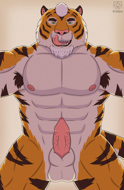 animal_genitalia animal_penis anthro armpit_hair beard body_hair facial_hair fangs feline_genitalia feline_penis fur genitals goatee green_eyes grin grinning_at_viewer inner_ear_fluff inside licking looking_at_viewer male markings muscular muscular_anthro muscular_male nipples on_top orange_body orange_fur penile_spines penis sheath simple_background smile smiling_at_viewer snout snout_lick solo striped_body striped_fur striped_markings stripes teeth tongue tongue_out tuft white_body white_fur eraqon nick_(eraqon) felid mammal pantherine tiger hi_res