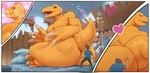 agumon anthro anthro_focus bandai_namco big_butt bodily_fluids body_size_growth butt crossed_legs digimon digimon_(species) duo hand_on_butt heart_symbol hi_res human looking_at_another looking_back looking_down looking_pleasured macro male mammal micro multiple_images overweight sitting size_difference size_transformation steen sweat sweatdrop taichi_kamiya text thick_thighs touching_butt transformation