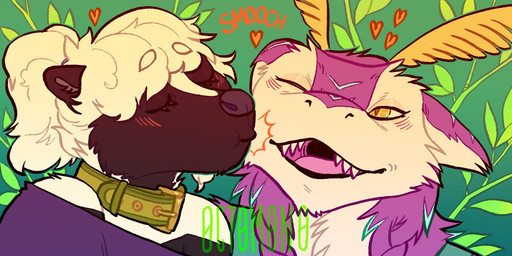 anthro black_body black_fur blue_clothing blue_topwear cheek_tuft clothed clothing collar duo eyes_closed facial_tuft female female_anthro floral_background fur green_collar hair kissing male male/female male_anthro neck_tuft one_eye_closed open_mouth ponytail purple_body purple_clothing purple_fur purple_tongue purple_topwear sharp_teeth teeth tongue topwear tuft white_body white_fur white_hair yellow_eyes 0ct0m0n0 mammal mephitid sergal skunk 2:1 hi_res