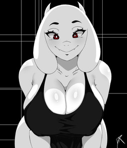 anthro big_breasts biped black_clothing breasts cleavage clothed clothing eyelashes female leaning leaning_forward mature_female pupils red_eyes smile solo white_body dalley-the-alpha undertale_(series) toriel bovid caprine mammal hi_res