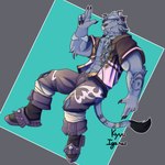 abs anthro blue_body blue_fur clothing flower footwear fur male pink_clothing plant purple_clothing purple_flower shirt shoes solo topwear unbuttoned_shirt yellow_eyes kyvu_(artist) final_fantasy final_fantasy_xiv square_enix nox'a_yakales_(kyvu) felid hrothgar mammal absurd_res hi_res