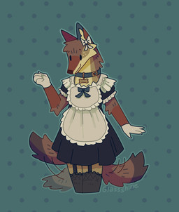4_fingers alternative_fashion ambiguous_gender anthro biped bone_tag brown_body brown_fur clothing collar collar_tag dotted_background ear_bow fingers frilly frilly_clothing front_view fur garter_straps gloves goth gothic_lolita handwear happy j-fashion legwear lolita_(fashion) maid_uniform markings outline pattern_background raised_arm simple_background smile solo standing tail tail_motion tailwag tan_body tan_fur tan_markings teal_background thigh_highs uniform wearing_collar white_clothing white_gloves white_handwear glassshine canid canine mammal digital_drawing_(artwork) digital_media_(artwork) english_description hi_res signature