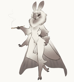 4_arms antennae_(anatomy) anthro arthropod_abdomen black_eyes brown_body brown_fur claws crotch_tuft eye_bags female fluffy fur gradient_fur markings mole_(marking) mole_under_eye multi_arm multi_limb neck_tuft nude on_one_leg open_mouth open_smile smile smoking_pipe solo standing tuft white_body white_fur wings tateoftot arthropod insect lepidopteran moth hi_res