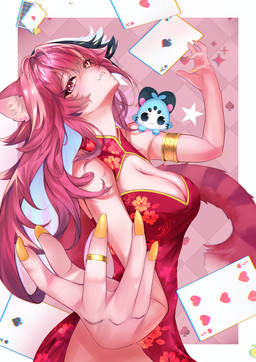 ambiguous_feral ambiguous_gender armlet asian_clothing big_breasts breasts card chinese_clothing chinese_dress cleavage cleavage_cutout clothed clothing colored_nails cutout digit_ring dress duo east_asian_clothing fangs female female_focus female_humanoid feral finger_ring fur hair humanoid_focus inner_ear_fluff jewelry long_hair looking_at_viewer markings nails pink_body pink_fur pink_hair red_clothing red_dress red_eyes side_slit_dress solo_focus striped_markings striped_tail stripes tail tail_markings teeth tuft yellow_nails chishimarizeru hololive hololive_en vtuber chattino_(hololive) raora_panthera animal_humanoid domestic_cat felid felid_humanoid feline felis humanoid mammal mammal_humanoid pantherine pantherine_humanoid tailed_humanoid absurd_res digital_drawing_(artwork) digital_media_(artwork) hi_res