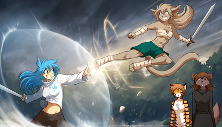 4_toes 5_fingers abs ambiguous_gender anthro arm_tuft being_watched biped blue_eyes blue_hair bottomwear breasts brown_body brown_fur brown_hair casual_nudity chest_tuft chest_wraps clenched_teeth clothed clothed/nude clothed_anthro clothed_female clothed_human clothing crossgender digitigrade duo_focus eyebrows eyelashes feet female female_human fingers foot_wraps front_view ftm_crossgender fully_clothed fully_clothed_female fully_clothed_human fur grin group hair holding_melee_weapon holding_object holding_sword holding_weapon kick long_hair looking_at_another looking_down looking_down_at_another looking_up looking_up_at_another magic magic_user male melee_weapon midriff mtf_crossgender navel nude nude_anthro nude_female nude_male onomatopoeia open_mouth outside pants short_hair shorts shoulder_tuft simple_background small_breasts smile sound_effects standing striped_body striped_fur stripes sword tail tail_motion tailwag teeth text toes topwear tuft weapon white_background wraps conditional_dnp tom_fischbach twokinds flora_(twokinds) keith_keiser natani trace_legacy basitin canid canine canis felid human keidran mammal pantherine tiger wolf 2025 7:4 digital_drawing_(artwork) digital_media_(artwork) english_text hi_res trans_(lore) trans_man_(lore)