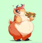 anthro antlers belly big_belly biped blush brown_body brown_fur chubby_cheeks eyes_closed food fur green_background hand_on_cheek heart_symbol holding_food holding_object hooves horn male nude obese obese_anthro obese_male open_mouth open_smile orange_body orange_fur overweight overweight_anthro overweight_male sandwich_(food) simple_background smile solo standing white_body white_fur aidenmonster ray_the_buck deer mammal hi_res