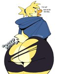 ambiguous_gender annoyed anthro beak big_butt black_bottomwear black_clothing black_shorts blonde_hair blue_cape blue_clothing blush blush_lines bodily_fluids bottomwear butt cape clothed clothing dialogue eyebrows eyelashes fur hair huge_butt looking_back looking_back_at_self open_mouth partially_clothed pink_tongue ponytail rear_view scut_tail short_tail shorts simple_background solo standing stuttering sweat sweatdrop tail text thick_thighs tongue torn_bottomwear torn_clothing torn_shorts white_background wide_hips yellow_body yellow_fur crispyattucks cc-by-nc-nd creative_commons duck_knight_(crispyattucks) anatid anseriform avian bird duck 2024 clip_studio_paint_(artwork) digital_media_(artwork) english_text flat_colors hi_res portrait three-quarter_portrait female_(lore)