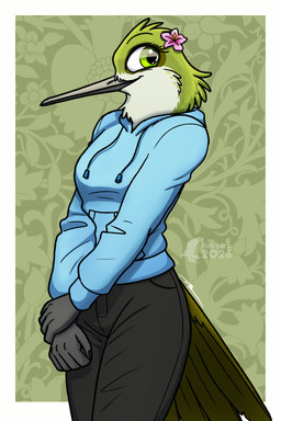 anthro black_bottomwear black_clothing black_pants blue_clothing blue_hoodie blue_topwear bottomwear clothing female flower flower_on_head hoodie pants plant solo sweater topwear fish_birb sarah_(fish_birb) apodiform avian bird hummingbird 2:3 hi_res