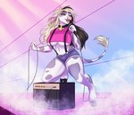 anthro black_hair blonde_hair blue_bottomwear blue_clothing bottomwear breasts clothed clothing electronics female grey_markings hair holding_microphone holding_object hotpants looking_at_viewer markings microphone multicolored_hair narrowed_eyes open_mouth pink_clothing pink_inner_ear pink_nose pink_topwear shorts singing solo topwear two_tone_hair under_boob white_body tiggybloom bovid bovine cattle mammal 2019 dated signature