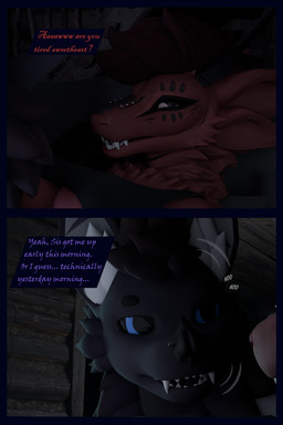 anthro blue_eyes breasts clothing dialogue female fur male purple_body purple_fur red_body red_fur shirt text topwear flauntingfornication mythology bat dragon mammal mythological_creature mythological_scalie scalie 2:3 3d_(artwork) absurd_res comic digital_media_(artwork) english_text hi_res mother_(lore) parent_(lore) son_(lore)