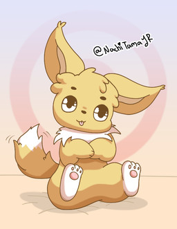anthro brown_background female fur intersex pattern_background simple_background smile solo text tongue tongue_out white_paws yellow_body yellow_ears yellow_fur young young_anthro cuteancuddly nachitamajr canid canine fox mammal