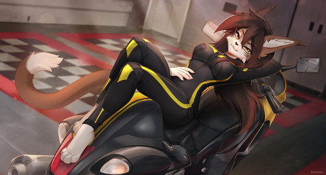 4_toes 5_fingers anthro biped breasts brown_body brown_fur brown_hair brown_tail claws clothed clothed_anthro clothed_female clothing feet female finger_claws fingers fur hair inner_ear_fluff inside looking_at_viewer lying motorcycle on_back smile solo tail toes tuft vehicle yellow_eyes amarihel domestic_cat felid feline felis mammal 2025 digital_drawing_(artwork) digital_media_(artwork) hi_res