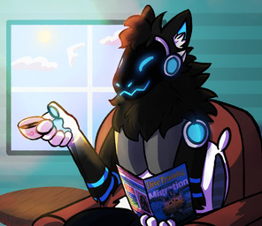 anthro beverage black_body blue_eyes chair cloud container cup fur furniture glowing glowing_pawpads machine magazine male pawpads pillow solo sun white_body white_fur window anonymous_artist mareen protogen reptile scalie turtle absurd_res hi_res