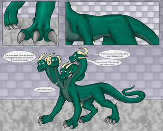 2_horns 4_heads after_transformation annoyed confusion detailed_background dialogue digitigrade eye_contact feral green_body green_scales horn inside looking_at_another male multi_head quadruped scales scared smile solo speech_bubble talking_to_another text ichikowindgryphon european_mythology greek_mythology mythology dragon hydra mythological_creature mythological_scalie scalie 2010 absurd_res comic english_text hi_res