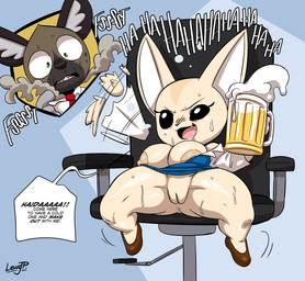 alcohol anthro anus areola beer beverage big_breasts bodily_fluids breasts camel_toe chair clothed clothing dialogue disembodied_head drunk duo female footwear furniture genitals male nipples no_underwear office_chair open_mouth shortstack shortstack_female sitting solo_focus speech_bubble spread_legs spreading substance_intoxication sweat text thick_thighs vulva joaoppereiraus aggretsuko sanrio fenneko haida_(aggretsuko) canid canine fennec_fox fox hyena mammal spotted_hyena true_fox 2021 digital_media_(artwork) english_text hi_res signature