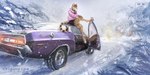 anthro car clothing door_open jacket motor_vehicle road sitting_on_car sitting_on_vehicle snow snowing solo speedpaint text topwear vehicle vintage_car winter anoroth dodge_(brand) dodge_challenger felid feline mammal serval hi_res url