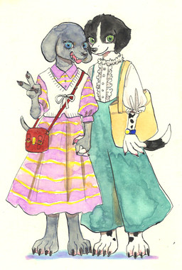 alternative_fashion anthro barefoot black_body black_fur blue_eyes bottomwear claws clothed clothing digitigrade dress duo feet female floppy_ears fur gesture green_eyes grey_body grey_fur hand_gesture handbag markings open_mouth purse simple_background smile standing tail teeth toe_claws toes tongue tongue_out topwear v_sign white_background white_body white_fur kyokyota canid canine canis domestic_dog mammal 2021 absurd_res hi_res painting_(artwork) traditional_media_(artwork) watercolor_(artwork)
