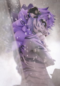 anthro black_sclera depression emotional fangs female floppy_ears folded_ears fur hair mane markings nude purple_hair purple_stripes sad self_hug shower solo stripes tail_wrapped_around_body teeth water water_drop wet wet_body wet_fur whisker_markings whisker_spots whiskers zushou zushou_(character) felid feline mammal pantherine tiger 3d_(artwork) absurd_res blender_(artwork) digital_media_(artwork) hi_res watermark
