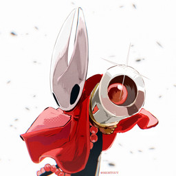beads black_body cloak clothed clothing monotone_cloak multicolored_body pose prayer_beads red_cloak red_clothing rosary simple_background weapon white_background white_head hightguy hollow_knight:_silksong hollow_knight_(franchise) team_cherry hornet_(hollow_knight) arthropod hi_res