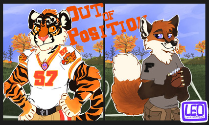 american_football anthro ball belt black_body black_border black_eyebrows black_fur black_nose blue_eyes blue_sky border clothed clothing day detailed_background duo eyebrows football_field football_jersey football_uniform fully_clothed fur grass grey_clothing grey_shirt grey_topwear gridiron_ball hands_on_own_hips holding_ball holding_object khaki_pants male orange_body orange_eyes orange_fur outside pink_nose plant shirt sky snout sport striped_body striped_fur stripes tail text topwear tree white_body white_fur anactuallion chevali_firebirds forester_universe out_of_position devlin_miski wiley_farrel canid canine felid fox mammal pantherine red_fox tiger true_fox 2018 5:3 copyright_name digital_drawing_(artwork) digital_media_(artwork) english_text flat_colors half-length_portrait portrait