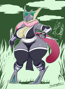 alternate_color anthro anthrofied armor armwear big_breasts breasts cleavage clothed clothing countershading curvy_figure dagger detached_sleeves digitigrade duo eyelashes female front_view greaves grey_body grey_skin legwear long_tongue looking_at_viewer melee_weapon non-mammal_breasts pink_tongue pokemorph pseudo_clothing simple_background skimpy slightly_chubby slightly_chubby_female solo_focus tan_body tan_skin thick_thighs thigh_highs tight_clothing tongue tongue_out vambrace voluptuous weapon wide_hips sleepingeel nintendo pokemon izumi_(kiala_tiagra) amphibian charizard generation_1_pokemon generation_6_pokemon greninja pokemon_(species) reptile scalie 2017 absurd_res dated digital_media_(artwork) full-length_portrait hi_res portrait signature