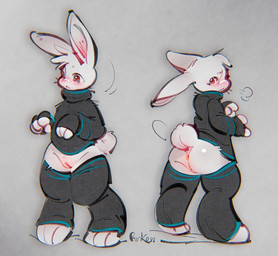 anthro anus bottomless butt clothed clothing dwarfism female fingerless_gloves genitals gloves grey_background handwear legwear looking_at_viewer semi-anthro shortstack simple_background solo standing sweater thigh_highs topwear vulva panken lagomorph leporid mammal rabbit digital_media_(artwork) signature