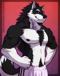 2015 4:5 abs alternate_version_at_source anthro athletic biceps black_nipples body_hair canid canine canis chest_hair chest_tuft clothed clothing countershading crotch_tuft domestic_dog facial_hair fangs fur grin hands_on_hips husky looking_at_viewer male mammal muscular muscular_anthro nipples nordic_sled_dog orion_(aluminemsiren) pecs pubes red_eyes smile solo sorakirbys spitz teeth topless tuft wolf