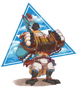 anthro bandoneon beak bottomwear bulge clothed clothed_anthro clothed_male clothing feathers feet holding_musical_instrument holding_object male male_anthro mostly_nude multicolored_body multicolored_feathers muscular muscular_anthro muscular_male musical_instrument open_mouth scarf scarf_only scroll shorts simple_background smile solo standing talons toes topless topless_anthro topless_male yellow_eyes teaselbone breath_of_the_wild nintendo the_legend_of_zelda kass_(tloz) avian bird rito 2017 digital_media_(artwork) signature