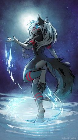 anthro biped butt claws feet female fingers fur hair looking_at_viewer nude nude_anthro nude_female rear_view solo standing tail toes neotheta canid canine canis mammal wolf 2026 9:16 digital_drawing_(artwork) digital_media_(artwork) hi_res