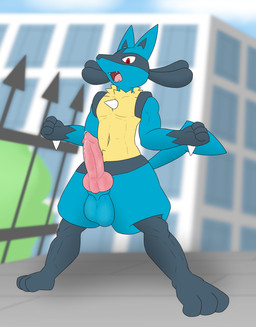 animal_genitalia animal_penis anthro athletic athletic_anthro athletic_male balls big_balls big_penis blue_body blue_fur bodily_fluids canine_genitalia canine_penis city dreadlocks erection fangs fur genital_fluids genitals grey_body grey_fur grey_skin knot knotted_penis leaking_precum male navel nude outside penis precum red_eyes solo spikes spikes_(anatomy) standing tail tan_body tan_fur teeth tuft kamek_sans nintendo pokemon generation_4_pokemon lucario pokemon_(species) hi_res