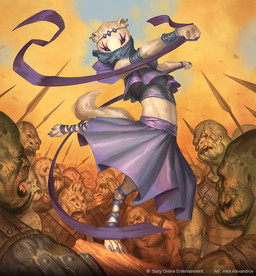 anthro breasts claws clothing dancing dress female female_anthro fur group looking_at_viewer male melee_weapon on_one_leg outside polearm purple_clothing purple_dress spear standing tail text weapon white_body white_fur alex_alexandrov poxnora sony_corporation humanoid mammal mustelid musteline true_musteline weasel english_text official_art