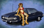 anthro bikini breasts camel_toe car clothed clothing female hair long_hair on_hood purple_eyes skimpy solo swimwear tail two-piece_swimsuit vehicle sage116 turi cheetah felid feline mammal 2012