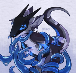 anthro blue_eyes blue_penis bodily_fluids fluffy fur genital_fluids genitals looking_at_viewer male nude penis precum restrained restrained_by_tentacles solo tail tapering_penis tentacles visor sflnx kel_(axionyx) mantled_beast hi_res
