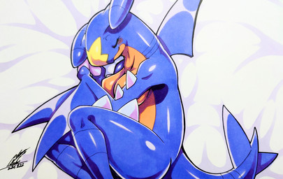 anthro bed blue_body blue_skin blush blush_lines breasts curled_up eyelashes eyes_closed featureless_breasts female furniture non-mammal_breasts on_bed sleeping smile solo spikes spikes_(anatomy) tail 025aki nintendo pokemon garchomp generation_4_pokemon pokemon_(species) scalie 2026 absurd_res dated hi_res signature