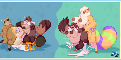 anthro anthro_on_anthro anus balls big_breasts bodily_fluids breasts brown_body cum duo food food_transformation from_behind_position genital_fluids genitals gynomorph gynomorph/gynomorph intersex intersex/intersex knot leaf leaf_on_head looking_back nipples nude open_mouth overweight overweight_gynomorph overweight_intersex penis sex simple_background size_difference smile standing tail transformation meganemausu lauri_(nwazet) beaver food_creature mammal rodent 2024 absurd_res digital_media_(artwork) hi_res