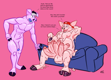 anthro backwards_baseball_cap backwards_hat baseball_cap clothing dialogue duo furniture genitals hat headgear headwear hooves latex male multi_genitalia multi_penis muscular muscular_male open_mouth penis smile sofa text visor_cap kobi_lacroix domestic_pig goo_creature mammal suid suine sus_(pig) english_text