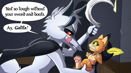 4_fingers 4_toes against_surface against_wall anthro arm_tuft barefoot belt bottomless cape cheek_tuft chest_tuft claws clenched_teeth clothed clothing crossgender dialogue duo elbow_tuft eye_contact eyeliner facial_markings facial_tuft feet female female/female fingers fluffy fluffy_tail fur glistening glistening_eyes green_eyes grey_body grey_fur half-closed_eyes hat head_markings head_tuft headgear headwear holding_object holding_weapon inside larger_female leg_grab licking licking_lips looking_at_another makeup markings mask_(marking) mostly_nude mtf_crossgender narrowed_eyes nervous orange_body orange_fur pawpads pointy_ears prick_ears raised_leg red_eyes scared sickle side_view size_difference slim smaller_female smile smirk sparks speech_bubble tail teeth text toes tongue tongue_out tuft wall_(structure) weapon whiskers wide_eyed squirrelman dreamworks puss_in_boots_(franchise) death_(puss_in_boots) puss_in_boots_(dreamworks) canid canine canis domestic_cat felid feline felis mammal tabby_cat wolf 16:9 english_text hi_res shaded signature widescreen