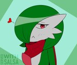 :< blush blush_lines female green_background green_hair hair hair_over_eye heart_symbol looking_at_viewer not_furry one_eye_obstructed red_eyes scarf simple_background solo servedwithsalsa nintendo pokemon midori_(mielsen) gardevoir generation_3_pokemon humanoid pokemon_(species) 2021 bust_portrait hi_res portrait signature