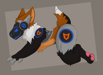 all_fours ambiguous_gender anthro arched_back bedroom_eyes blue_eyes digitigrade fluffy fur glowing glowing_markings inner_ear_fluff inviting machine markings multicolored_body multicolored_fur narrowed_eyes neck_tuft orange_body orange_ears orange_fur pawpads raised_tail screen screen_face seductive side_view simple_background solo tail tuft white_body white_fur nevenasd k0da protogen 2020 digital_drawing_(artwork) digital_media_(artwork) hi_res
