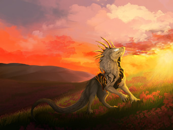 feral flower grass horn plant quadruped solo sun tail valley mythology kemoziri dragon mythological_creature mythological_scalie scalie 4:3 hi_res