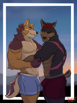 abs anthro arm_grab barazoku black_body black_fur blush body_hair brown_body brown_fur bulge clothing duo eyes_closed facial_hair fangs forest fur male male/male markings muscular muscular_anthro muscular_male one_eye_closed orange_body orange_fur outside pecs pink_body pink_fur plant smile teeth tree underwear yellow_body yellow_fur overly_ketchup home_zomewhere_else chad_harman fred_kent canid canine canis dobermann domestic_dog german_shepherd herding_dog hybrid mammal mastiff molosser pastoral_dog pinscher rottweiler absurd_res hi_res