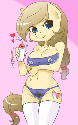 anthro anthrofied baby_bottle bare_shoulders blue_eyes bottle bra breasts brown_hair cleavage clothed clothing container container_of_milk cutie_mark female fur hair heart_symbol holding_baby_bottle holding_bottle holding_container holding_object legwear mature_anthro mature_female milk navel panties pushbutton smile solo stockings strapless_bra strapless_clothing strapless_underwear tan_body tan_fur thigh_gap thigh_highs underwear shepherd0821 hasbro my_little_pony cream_heart fan_character earth_pony equid equine horse mammal pony 2013 5:8 crossover hi_res