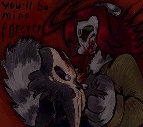 4_ears ambiguous_gender angry anthro black_body black_clothing black_feathers black_fur black_sclera blood blood_in_mouth blood_on_face blood_on_mouth bodily_fluids chest_tuft claws clothed clothing countershading death duo eating_flesh fangs fangs_bared feathers feline_tail finger_claws fingers fluffy fluffy_tail fur gore gore_focus green_clothing grey_body grey_fur grotesque_death hair long_hair markings multi_ear open_mouth purple_eyes raised_head red_background red_hair simple_background striped_markings striped_tail stripes tail tail_markings tears teeth text topwear tuft tufted_fur white_body white_feathers white_fur kestrel_(artist) abigail_(kestrel) fyr_(fenrir784) avali avian bird felid feline mammal pantherine 2026 colored digital_drawing_(artwork) digital_media_(artwork) english_text hi_res shaded signature simple_shading female_(lore) maleherm_(lore)