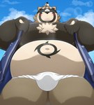 anthro asian_clothing belly black_nose brown_body brown_fur bulge clothing cloud east_asian_clothing fundoshi fur humanoid_hands japanese_clothing kemono male moobs navel outside overweight overweight_male solo underwear white_clothing white_fundoshi white_underwear nisikemo lifewonders live_a_hero shoen canid canine mammal raccoon_dog tanuki 2021 hi_res