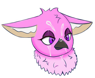 anthro beak bodily_fluids bubble cum cum_bubble cum_drip cum_on_face dripping eyelashes eyeshadow female genital_fluids highlights_(coloring) inner_ear_fluff makeup neck_tuft pink_body purple_eyes solo tuft basaltara mythology kayleigh_(basaltara) avian gryphon mythological_avian mythological_creature